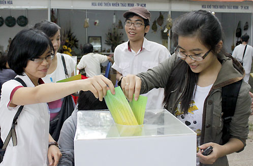 Một nhóm sinh viên trường Cao đẳng kinh tế đối ngoại TP HCM bỏ phiếu bầu chọn cho hoa sen hồng.